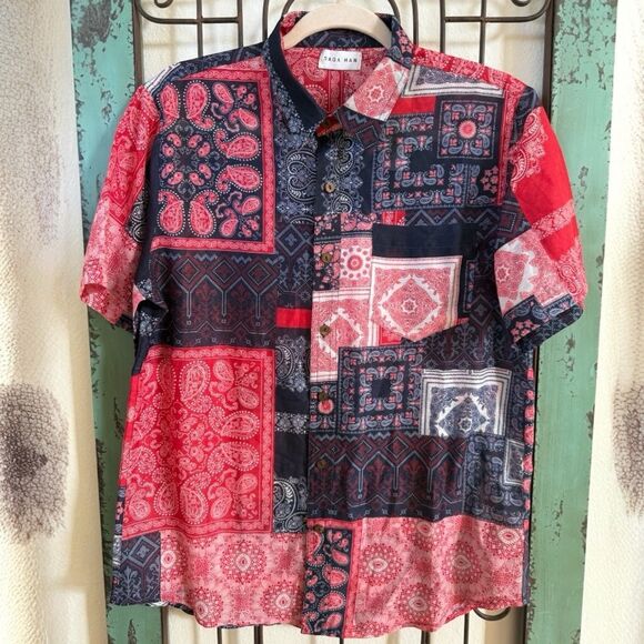 Raga Man Bandana Patchwork Button Down Shirt Red Navy White Medium - Picture 2 of 11